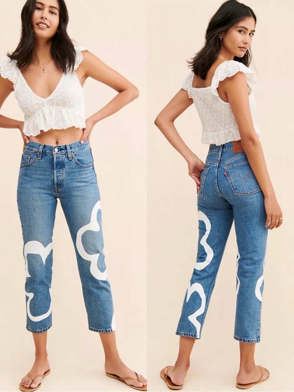 Levis 501 Crop Paint by Number Flower Wavy Lined Straight Denim Jeans